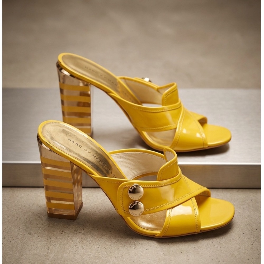 Marc by Marc Jacobs Mule Sandals Yellow  Striped Block Heel Paten 37